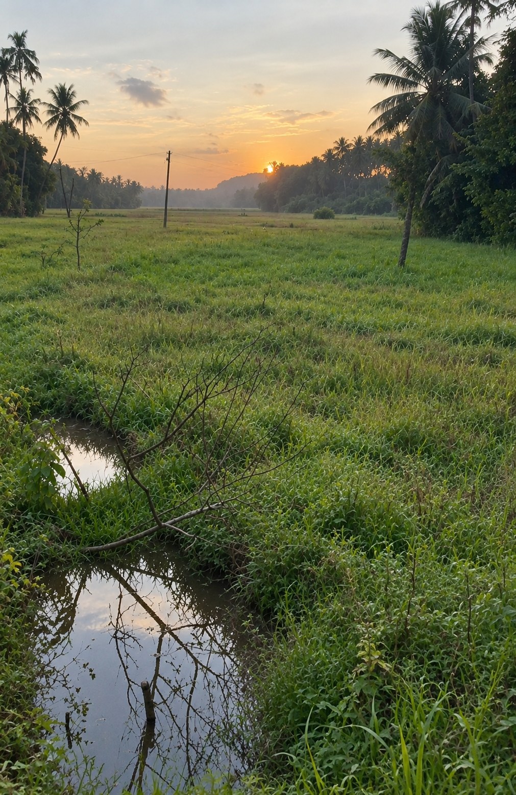 Sunrise over a green paddy field bordered by coconut palms, a bare branch lying in the foreground