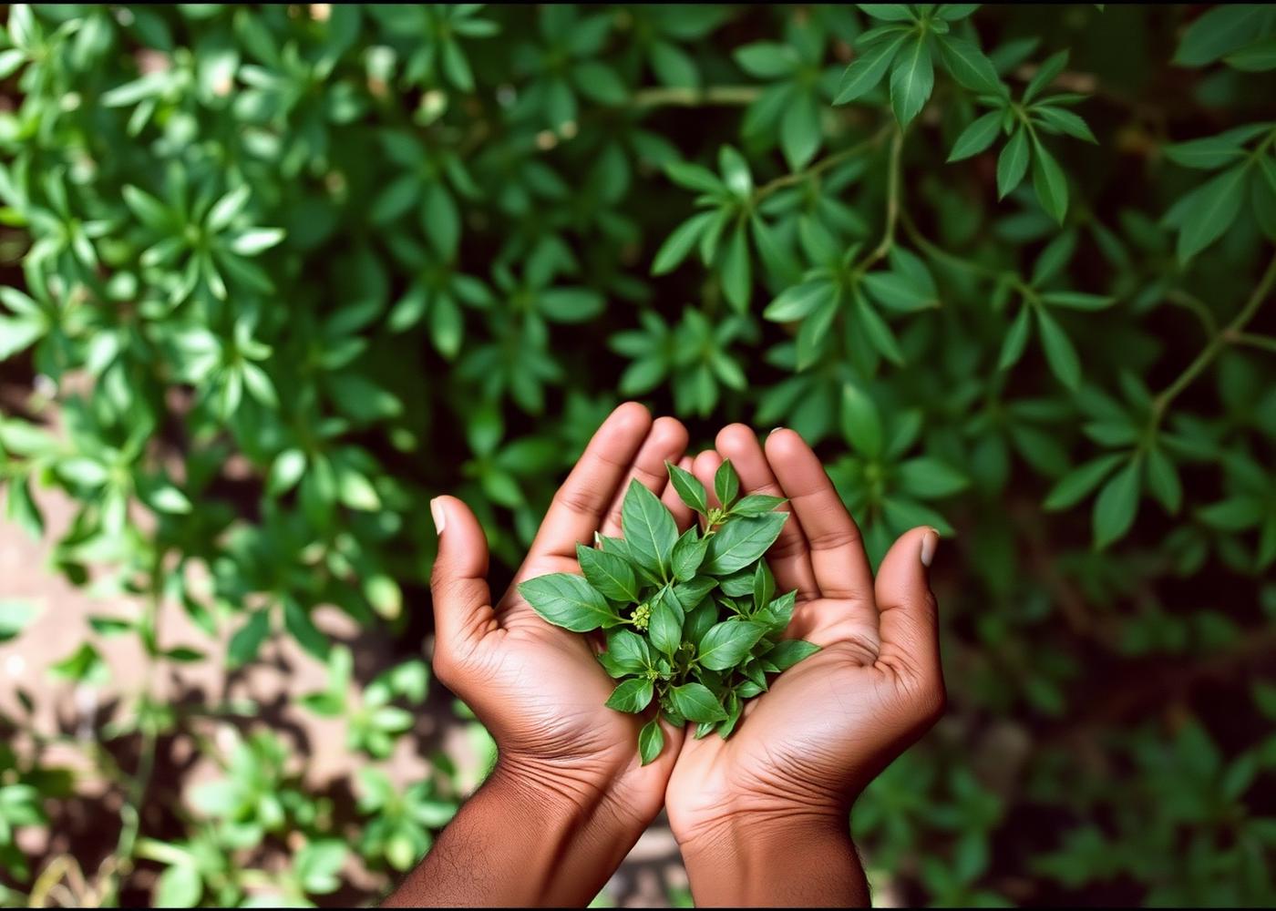 Freshly picked herb leaves held in two hands