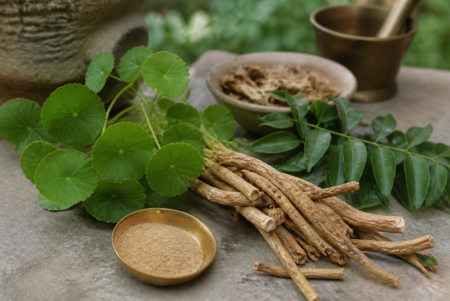 Ayurvedic leaves, roots and powders on a stone surface