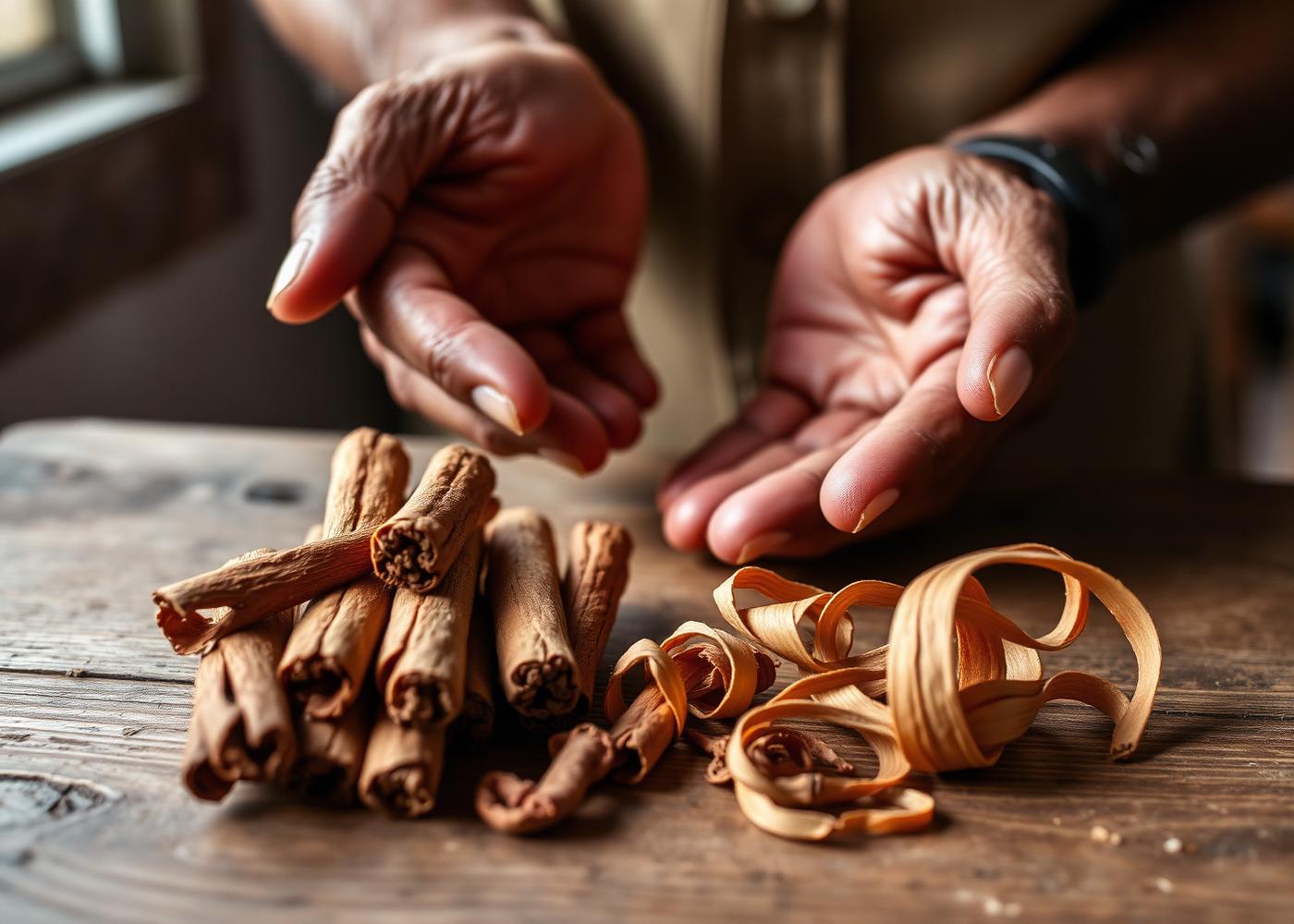 Freshly peeled cinnamon quills and bark curls held above a wooden table