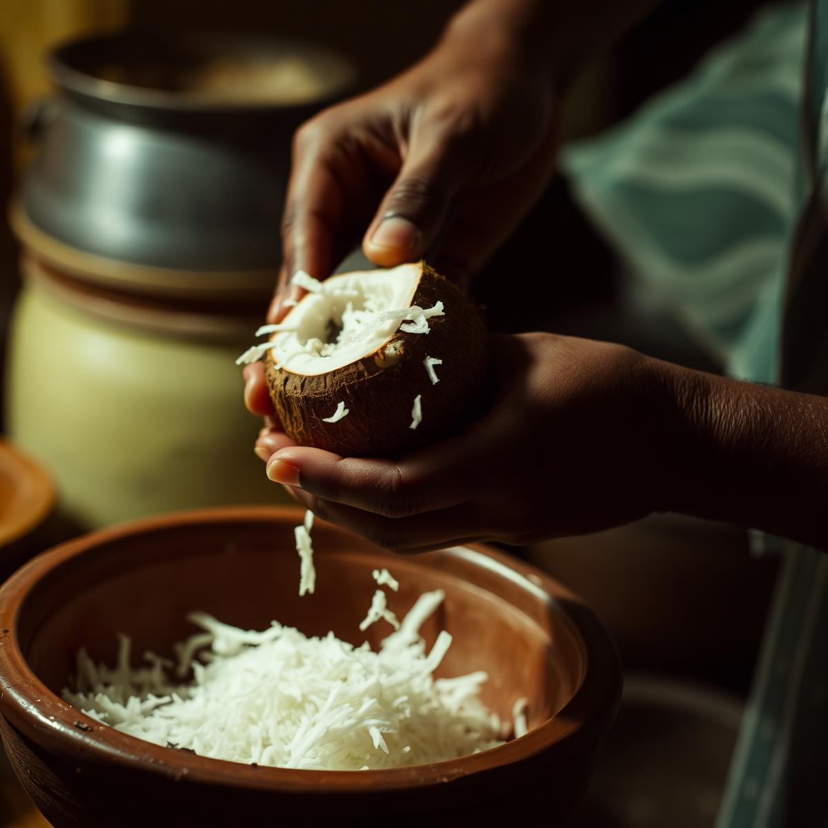 Hands scraping fresh coconut into a clay bowl