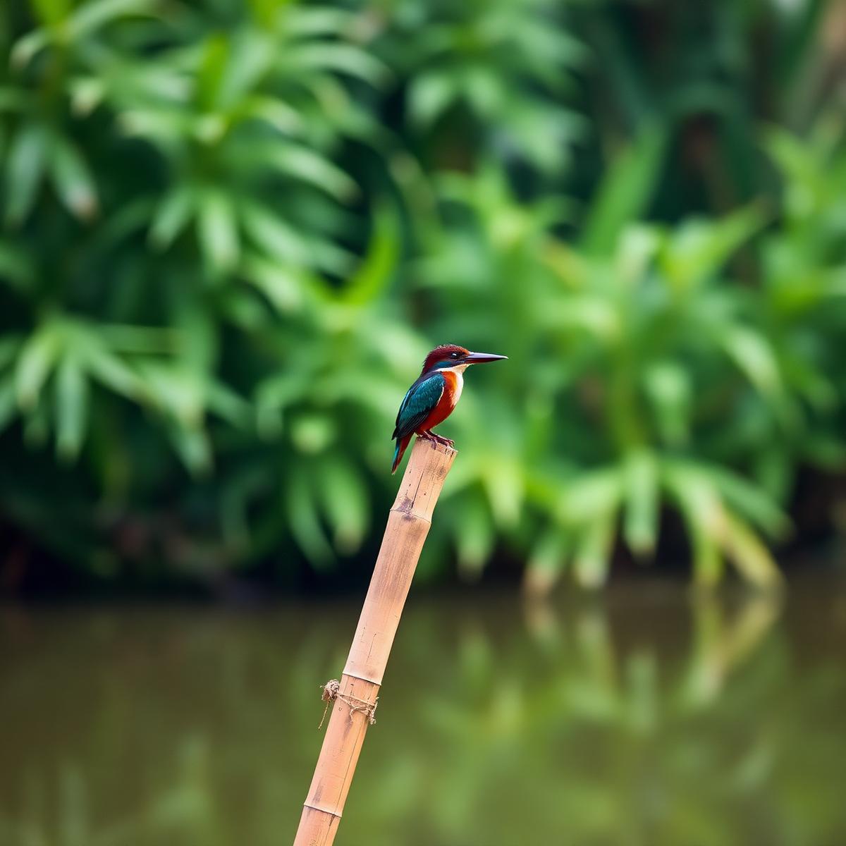 A kingfisher resting on a bamboo stake beside the farm pond