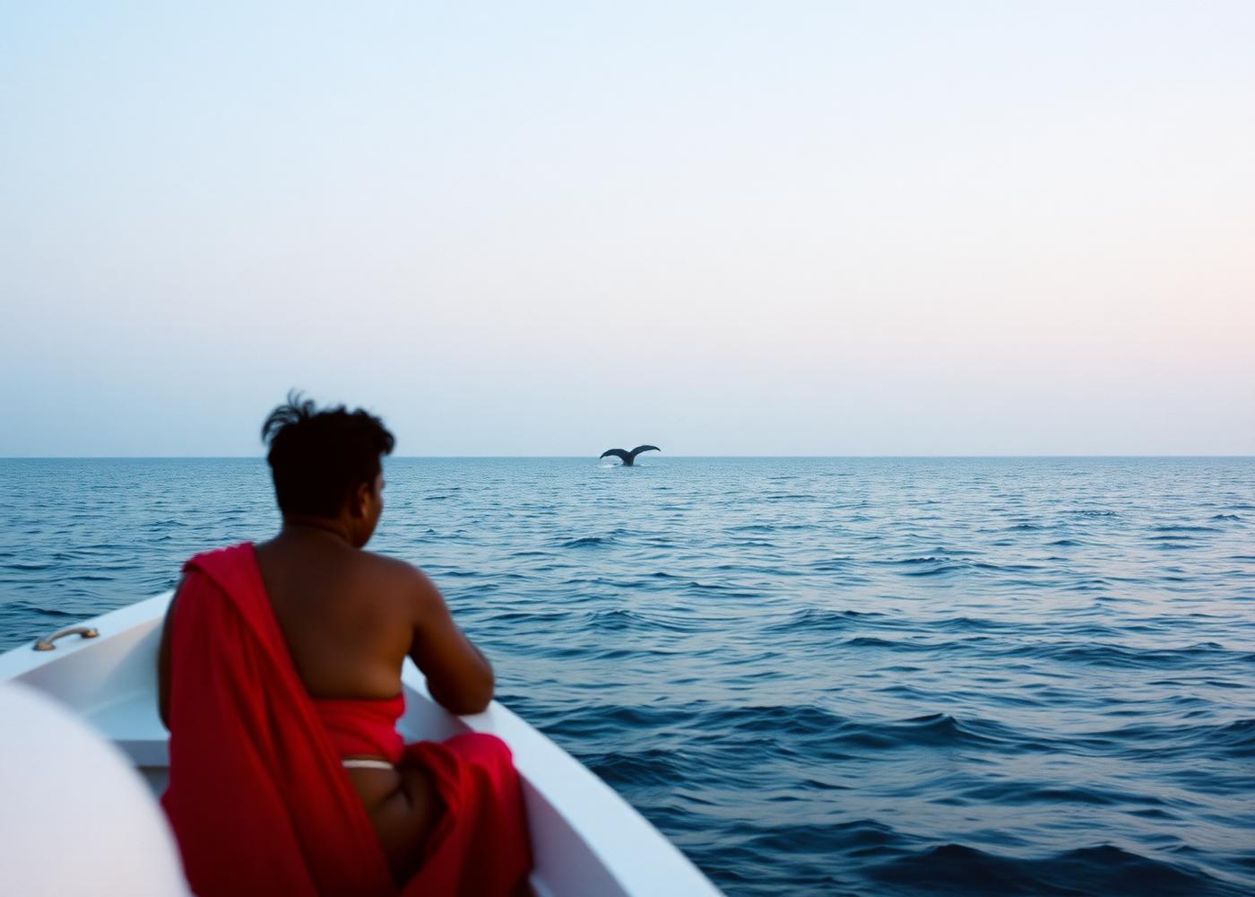 Calm open ocean off Mirissa with a whale's tail on the horizon