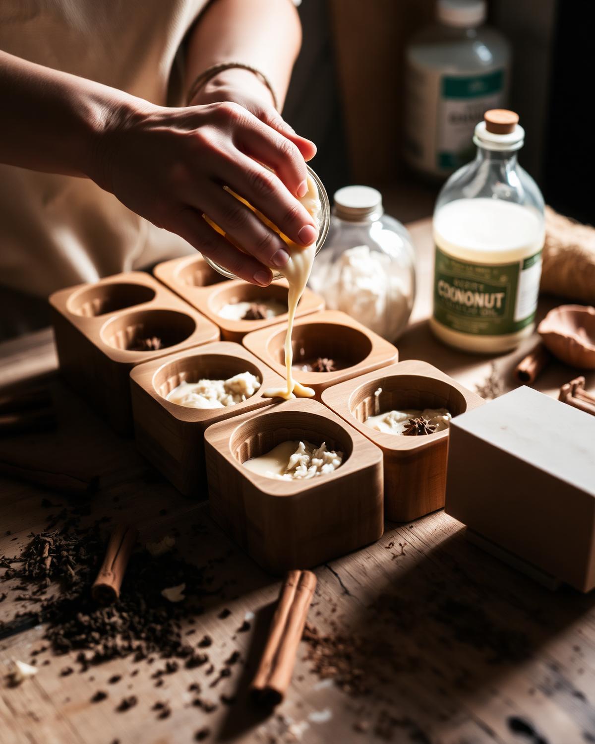 Hands pouring natural soap into wooden moulds